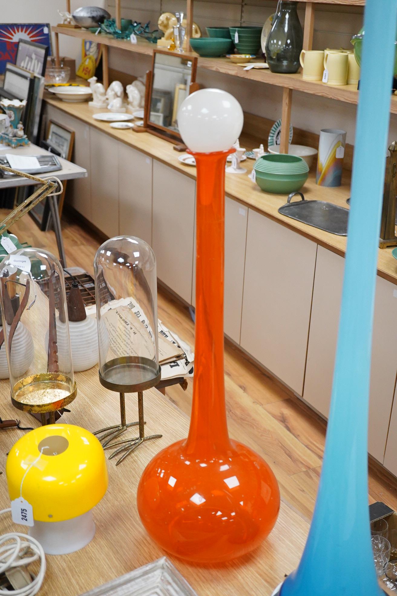 A Vincenza blue glass standard lamp base and a Italian Blenko oversized bottle and stopper, largest 143cm